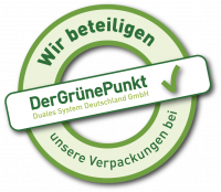 Mit diesem Logo möchten wir zeigen, dass wir Kunde bei Der Grüne Punkt – Duales System Deutschland GmbH sind und unsere Verkaufsverpackungen für Deutschland am dualen System Der Grüne Punkt beteiligen.